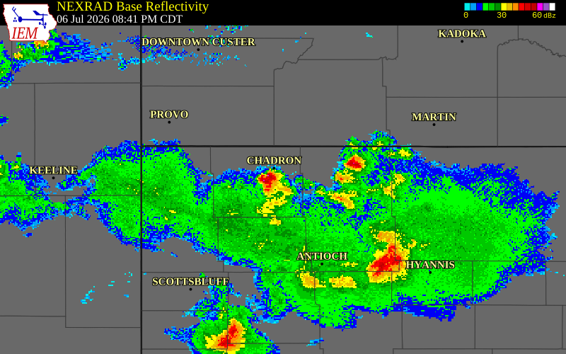 NEXRAD radar during the Monday, July 6, 2026 storm activity in Dawes County, Nebraska