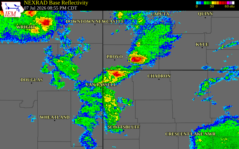 NEXRAD radar during the Tuesday, July 7, 2026 storm activity in Dawes County, Nebraska