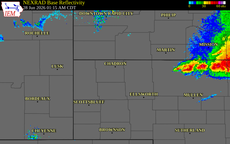 Radar snapshot during the Jun 28, 2026 hail event near 2 NNW Chadron State Par, Dawes County, Nebraska, with NWS warning polygons