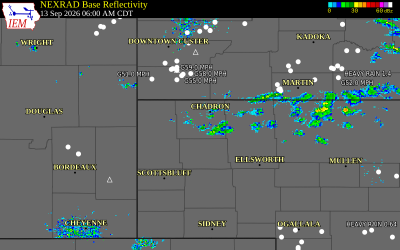 Current NEXRAD radar over Dawes County, Nebraska with recent storm report locations