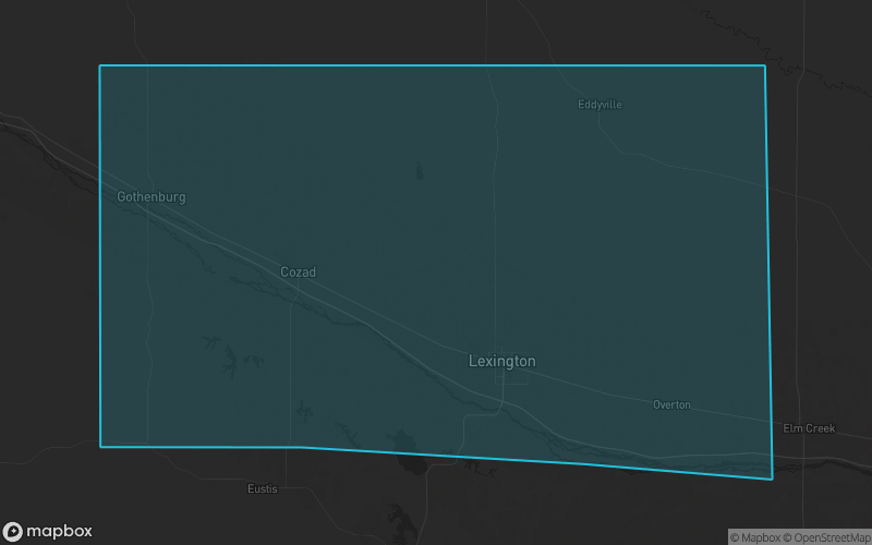 Map of Dawson County, Nebraska showing the county boundary and surrounding cities