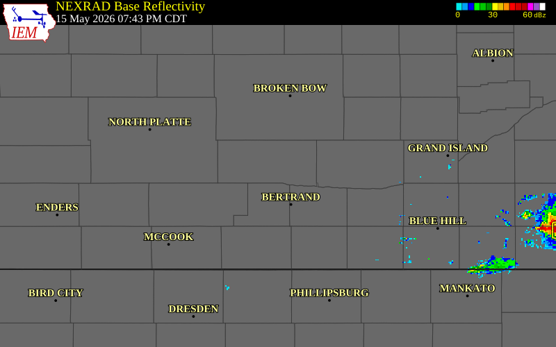 NEXRAD radar during the Friday, May 15, 2026 storm activity in Dawson County, Nebraska