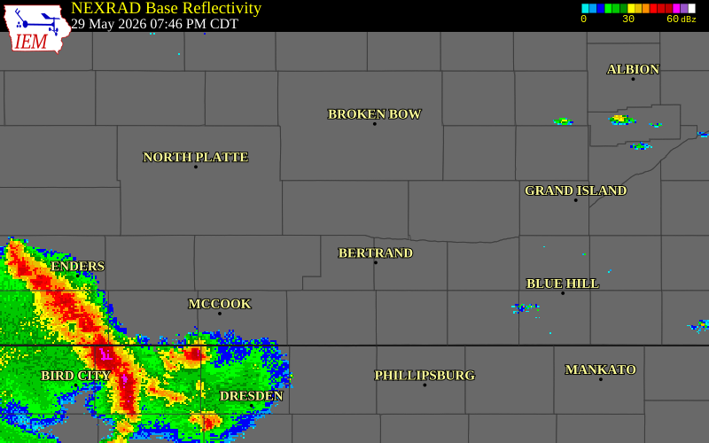 NEXRAD radar during the Friday, May 29, 2026 storm activity in Dawson County, Nebraska