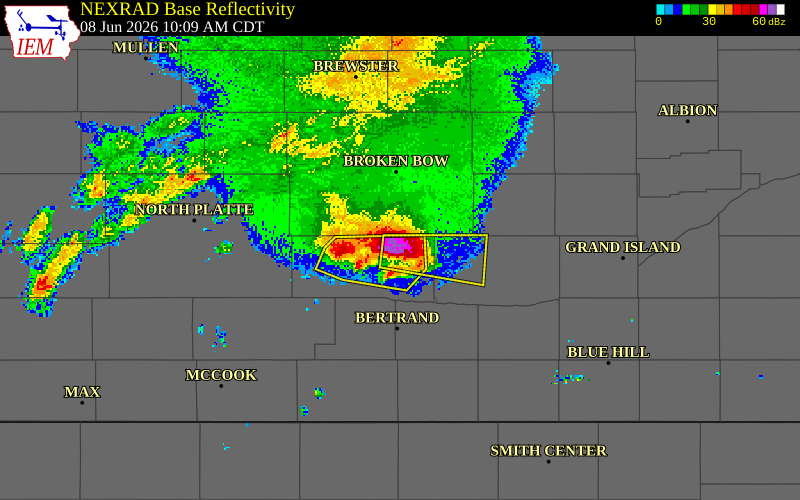 NEXRAD radar during the Monday, June 8, 2026 storm activity in Dawson County, Nebraska