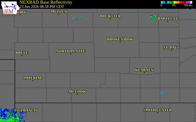 NEXRAD radar during the Tuesday, June 23, 2026 storm activity in Dawson County, Nebraska