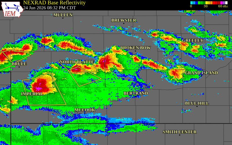 NEXRAD radar during the Wednesday, June 24, 2026 storm activity in Dawson County, Nebraska