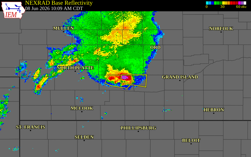 Radar snapshot during the Jun 8, 2026 hail event near 3 S Eddyville, Dawson County, Nebraska, with NWS warning polygons