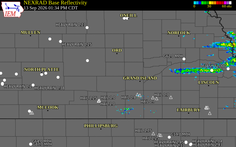 Current NEXRAD radar over Dawson County, Nebraska with recent storm report locations
