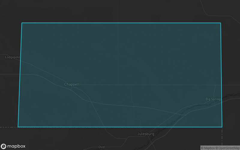 Map of Deuel County, Nebraska showing the county boundary and surrounding cities