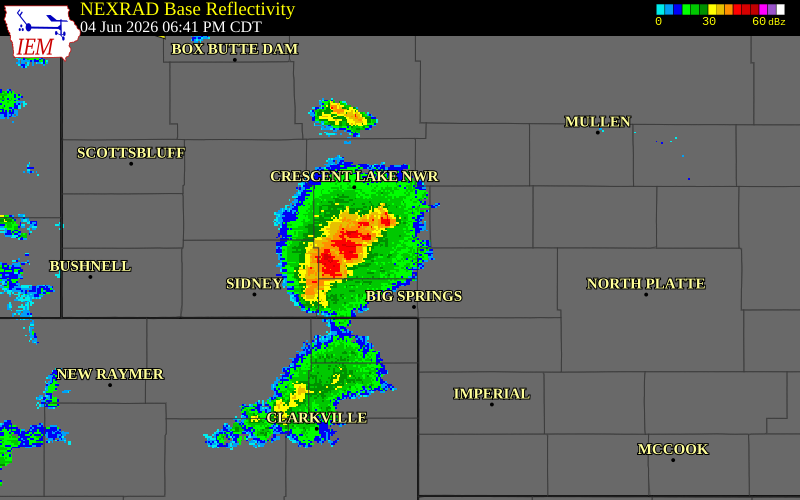 NEXRAD radar during the Thursday, June 4, 2026 storm activity in Deuel County, Nebraska