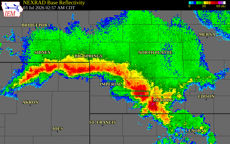 NEXRAD radar during the Friday, July 3, 2026 storm activity in Deuel County, Nebraska