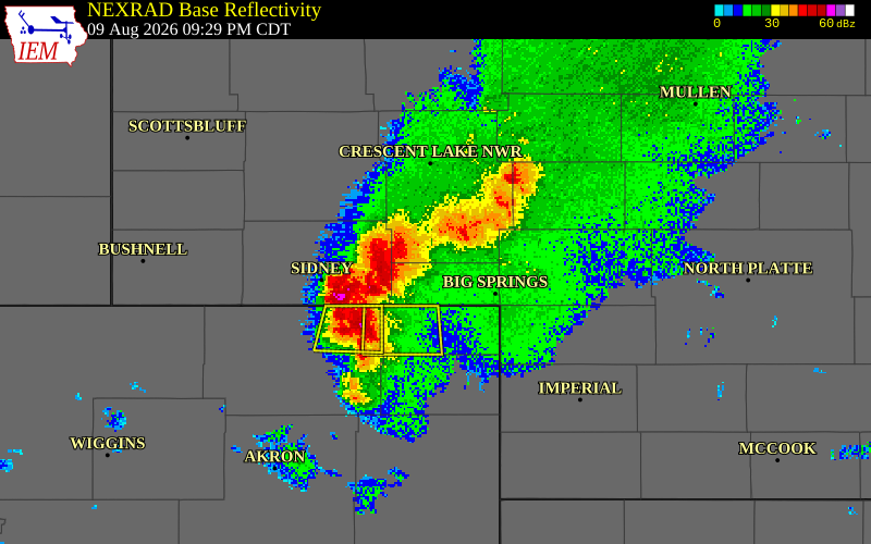 NEXRAD radar during the Sunday, August 9, 2026 storm activity in Deuel County, Nebraska