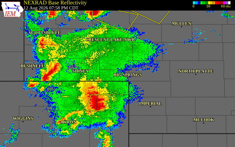 NEXRAD radar during the Wednesday, August 12, 2026 storm activity in Deuel County, Nebraska