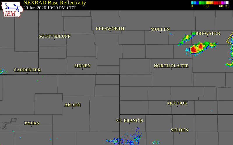 Radar snapshot during the Jun 29, 2026 wind event near 4 WSW Big Springs, Deuel County, Nebraska, with NWS warning polygons