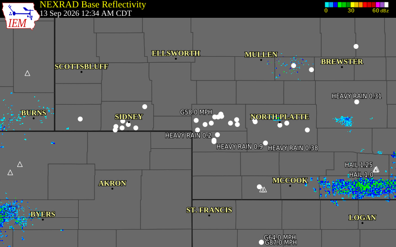 Current NEXRAD radar over Deuel County, Nebraska with recent storm report locations