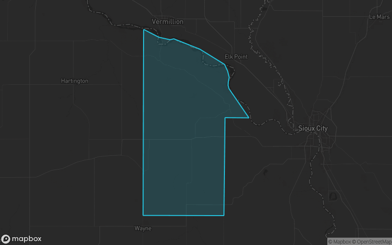 Map of Dixon County, Nebraska showing the county boundary and surrounding cities