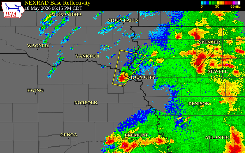NEXRAD radar during the Monday, May 18, 2026 storm activity in Dixon County, Nebraska