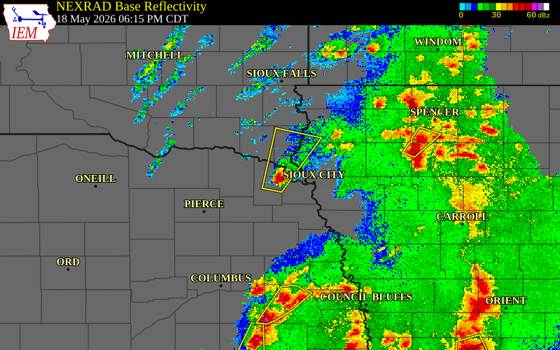 Radar snapshot during the May 18, 2026 hail event near 2 WNW Ponca, Dixon County, Nebraska, with NWS warning polygons