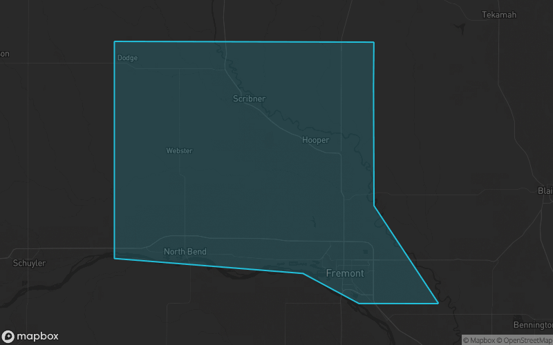 Map of Dodge County, Nebraska showing the county boundary and surrounding cities