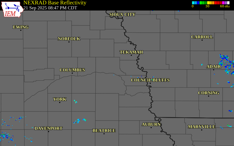 NEXRAD radar during the Sunday, September 21, 2025 storm activity in Dodge County, Nebraska