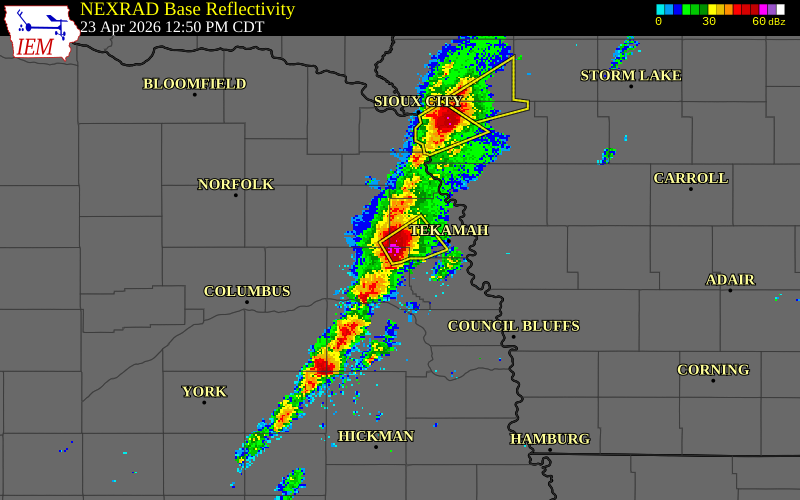 NEXRAD radar during the Thursday, April 23, 2026 storm activity in Dodge County, Nebraska