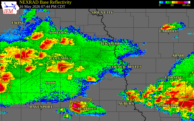 NEXRAD radar during the Saturday, May 16, 2026 storm activity in Dodge County, Nebraska