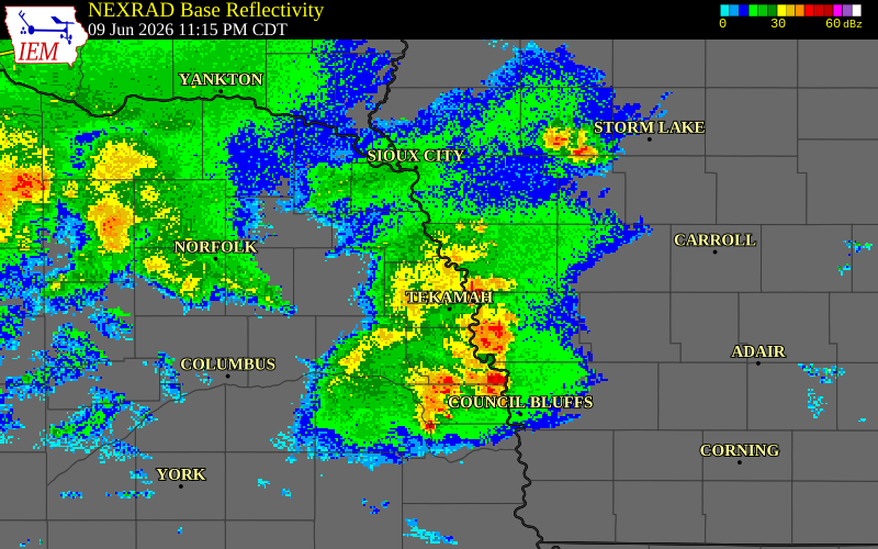 NEXRAD radar during the Tuesday, June 9, 2026 storm activity in Dodge County, Nebraska