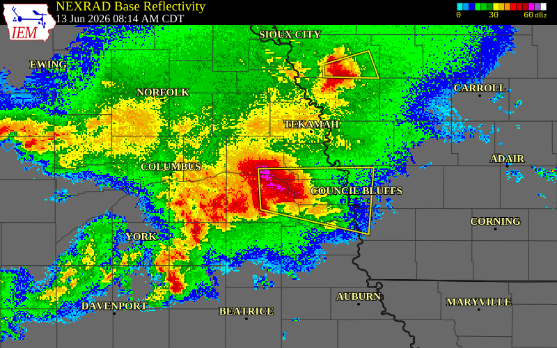NEXRAD radar during the Saturday, June 13, 2026 storm activity in Dodge County, Nebraska