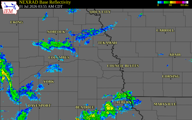 NEXRAD radar during the Wednesday, July 1, 2026 storm activity in Dodge County, Nebraska