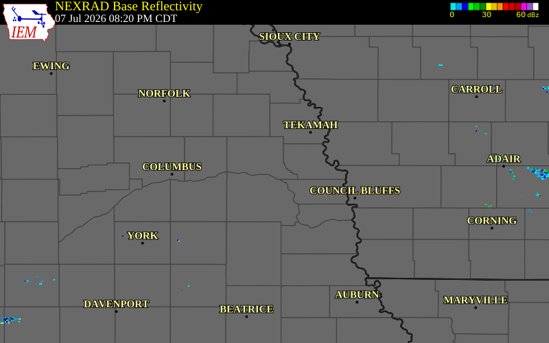 NEXRAD radar during the Tuesday, July 7, 2026 storm activity in Dodge County, Nebraska