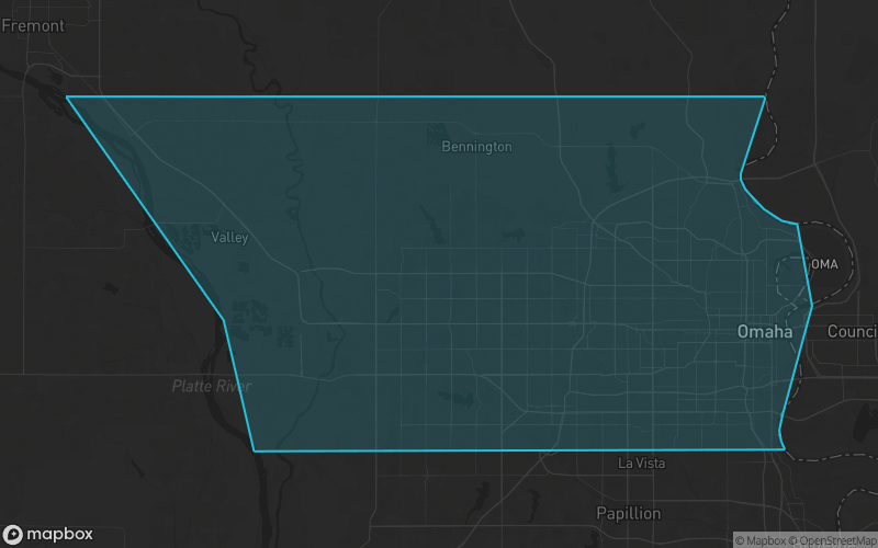 Map of Douglas County, Nebraska showing the county boundary and surrounding cities