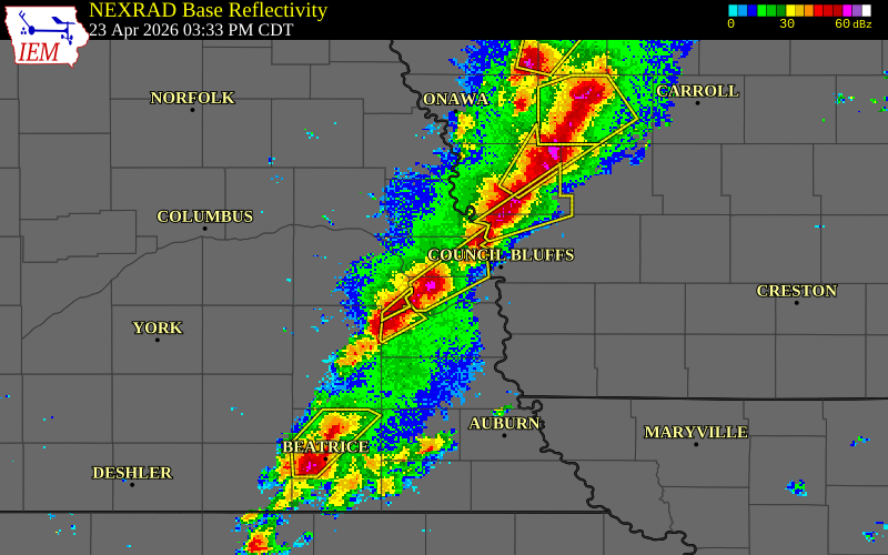 NEXRAD radar during the Thursday, April 23, 2026 storm activity in Douglas County, Nebraska