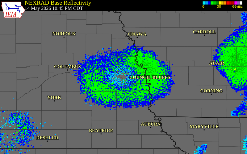 NEXRAD radar during the Thursday, May 14, 2026 storm activity in Douglas County, Nebraska