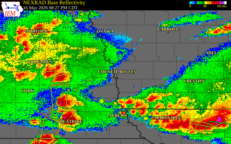 NEXRAD radar during the Saturday, May 16, 2026 storm activity in Douglas County, Nebraska