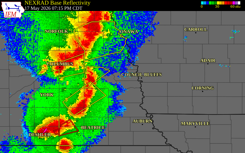NEXRAD radar during the Sunday, May 17, 2026 storm activity in Douglas County, Nebraska