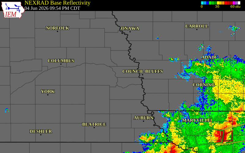 NEXRAD radar during the Thursday, June 4, 2026 storm activity in Douglas County, Nebraska