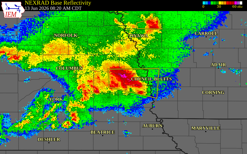 NEXRAD radar during the Saturday, June 13, 2026 storm activity in Douglas County, Nebraska