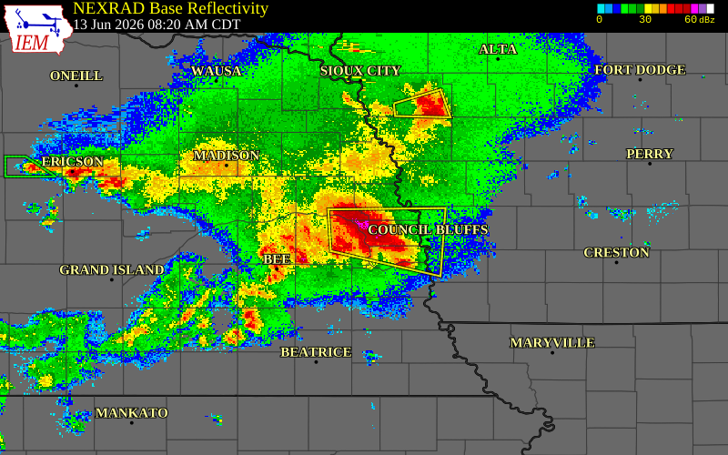 Radar snapshot during the Sep 14, 2025 wind event near 2 WNW Omaha, Douglas County, Nebraska, with NWS warning polygons