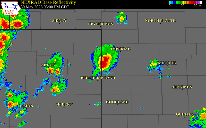 NEXRAD radar during the Saturday, May 30, 2026 storm activity in Dundy County, Nebraska