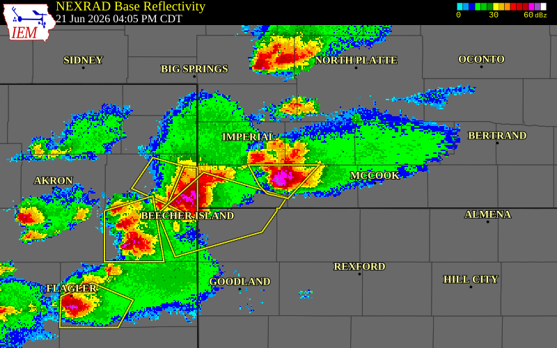 NEXRAD radar during the Sunday, June 21, 2026 storm activity in Dundy County, Nebraska