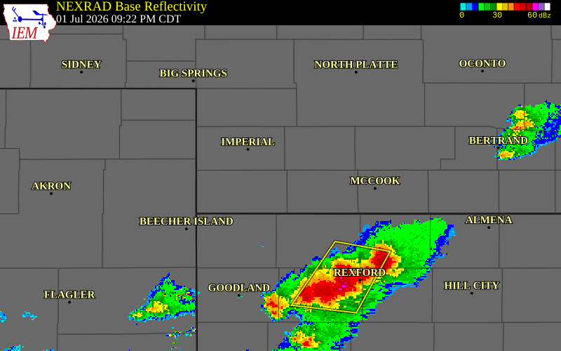 NEXRAD radar during the Wednesday, July 1, 2026 storm activity in Dundy County, Nebraska
