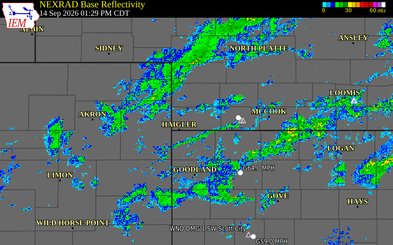 Current NEXRAD radar over Dundy County, Nebraska with recent storm report locations