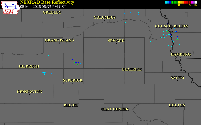 NEXRAD radar during the Thursday, March 5, 2026 storm activity in Fillmore County, Nebraska