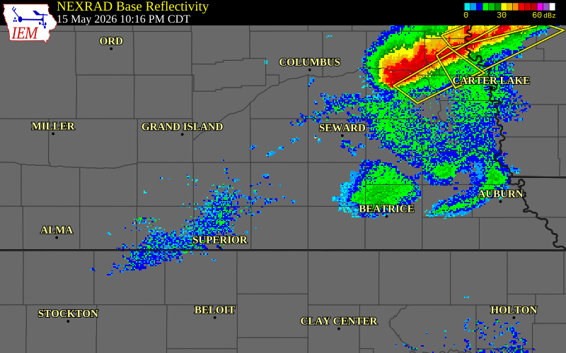 NEXRAD radar during the Friday, May 15, 2026 storm activity in Fillmore County, Nebraska
