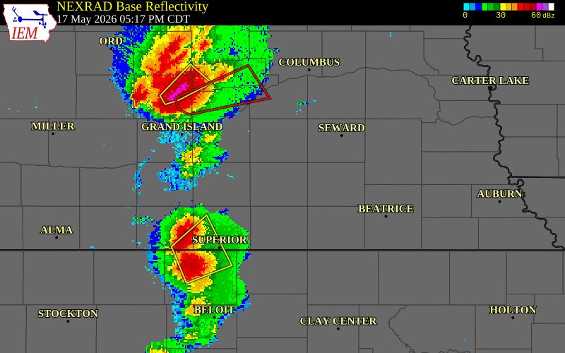 NEXRAD radar during the Sunday, May 17, 2026 storm activity in Fillmore County, Nebraska