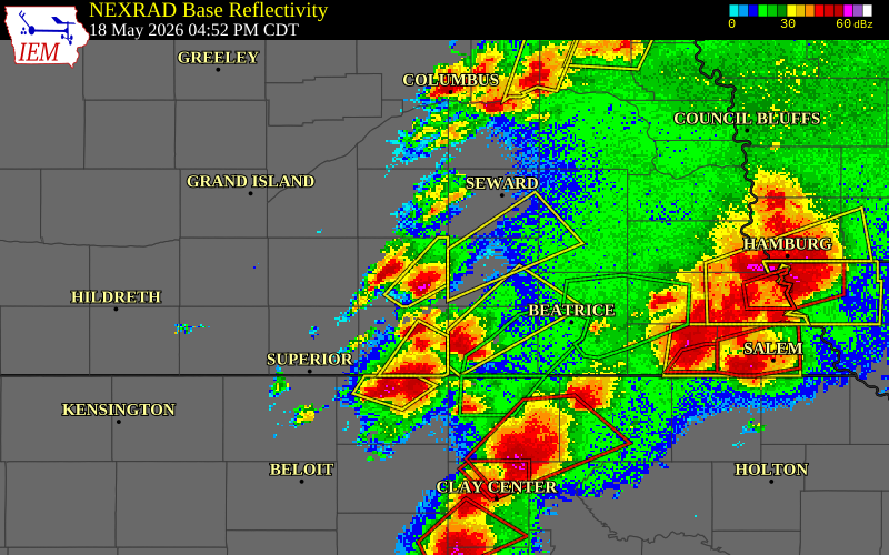 NEXRAD radar during the Monday, May 18, 2026 storm activity in Fillmore County, Nebraska