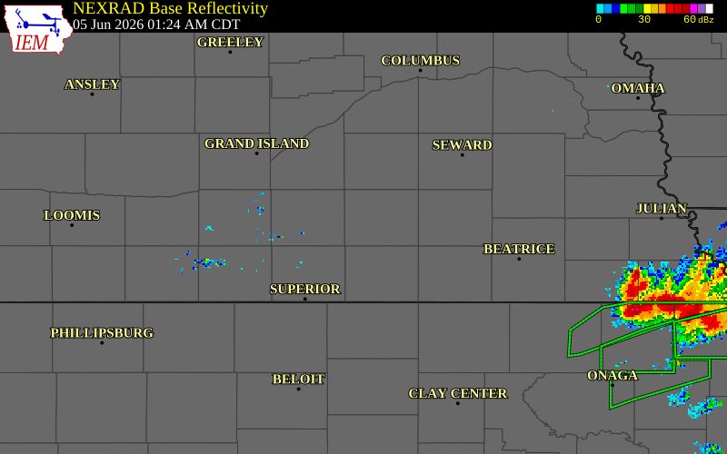 NEXRAD radar during the Friday, June 5, 2026 storm activity in Fillmore County, Nebraska