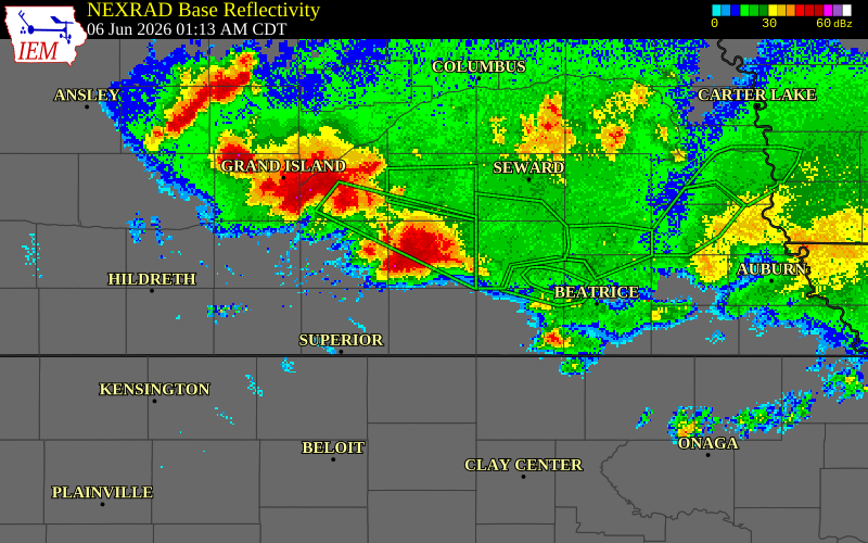 NEXRAD radar during the Saturday, June 6, 2026 storm activity in Fillmore County, Nebraska