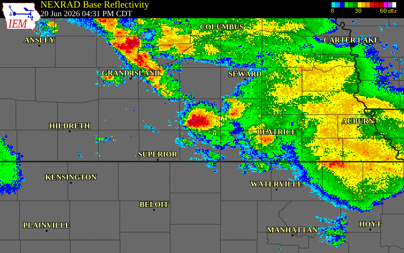 NEXRAD radar during the Saturday, June 20, 2026 storm activity in Fillmore County, Nebraska