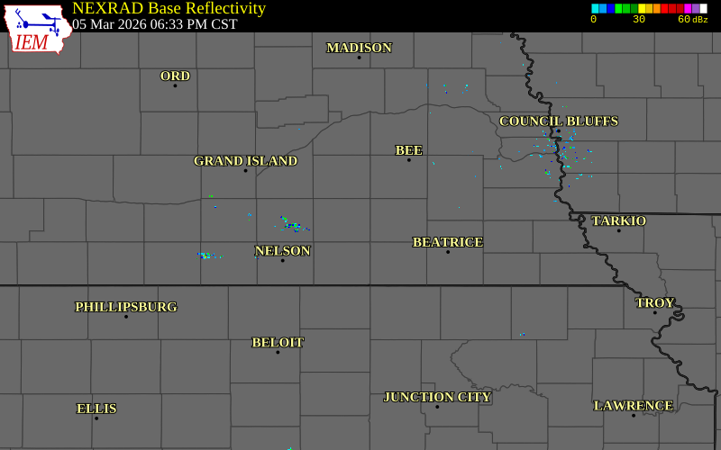 Radar snapshot during the Mar 5, 2026 hail event near 3 WSW Milligan, Fillmore County, Nebraska, with NWS warning polygons